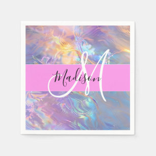 Girly Rosa Holografik Iridescent Monogram Namn Pappersservett