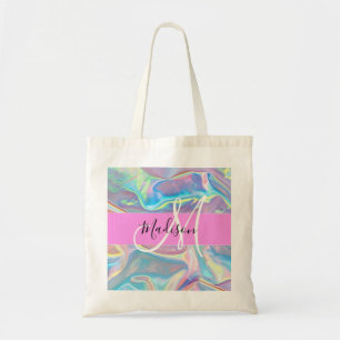 Girly Rosa Holografik Iridescent Monogram Namn Tygkasse