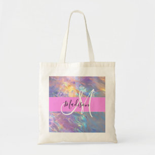 Girly Rosa Holografik Iridescent Monogram Namn Tygkasse