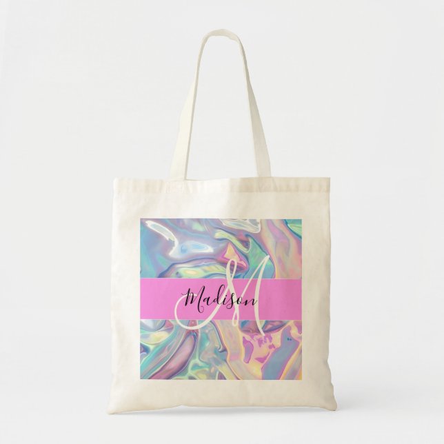 Girly Rosa Holografik Iridescent Monogram Namn Tygkasse (Framsidan)