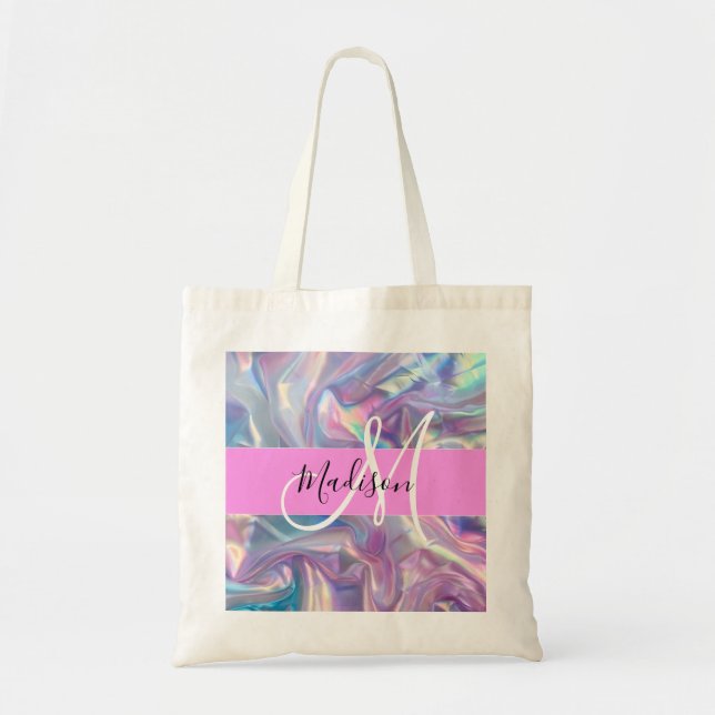 Girly Rosa Holografik Iridescent Monogram Namn Tygkasse (Framsidan)