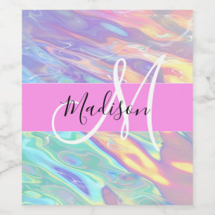 Girly Rosa Holografik Iridescent Monogram Namn Vinflaska Etikett