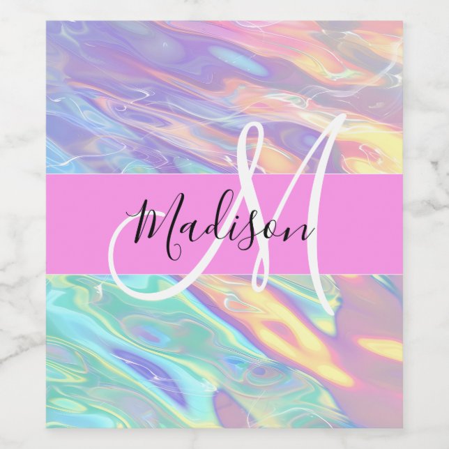 Girly Rosa Holografik Iridescent Monogram Namn Vinflaska Etikett (Singel etikett)