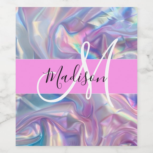 Girly Rosa Holografik Iridescent Monogram Namn Vinflaska Etikett (Singel etikett)