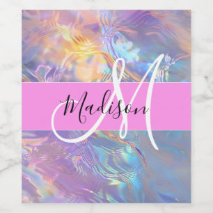 Girly Rosa Holografik Iridescent Monogram Namn Vinflaska Etikett
