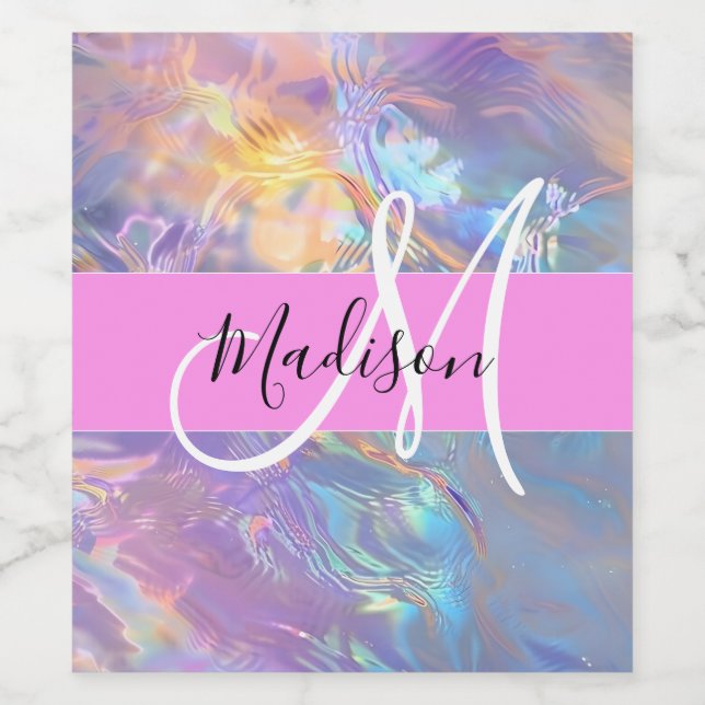 Girly Rosa Holografik Iridescent Monogram Namn Vinflaska Etikett (Singel etikett)