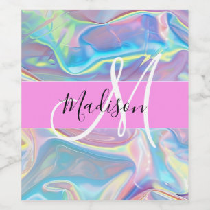 Girly Rosa Holografik Iridescent Monogram Namn Vinflaska Etikett