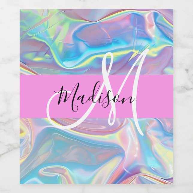 Girly Rosa Holografik Iridescent Monogram Namn Vinflaska Etikett (Singel etikett)
