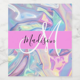 Girly Rosa Holografik Iridescent Monogram Namn Vinflaska Etikett