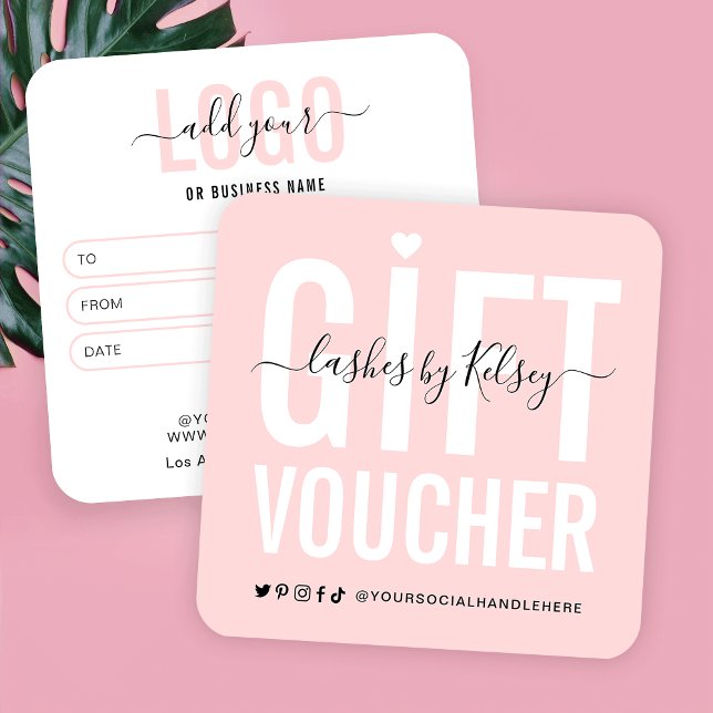 Girly  Rosa Lash Salon Logotyp Gift Certificate Fyrkantigt Visitkort (Feminine blush pink gift certificate with space for your logo)