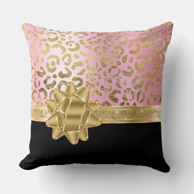 Girly Rosa Leopard & Black Guld Bow Ribbon Kudde (Framsida)