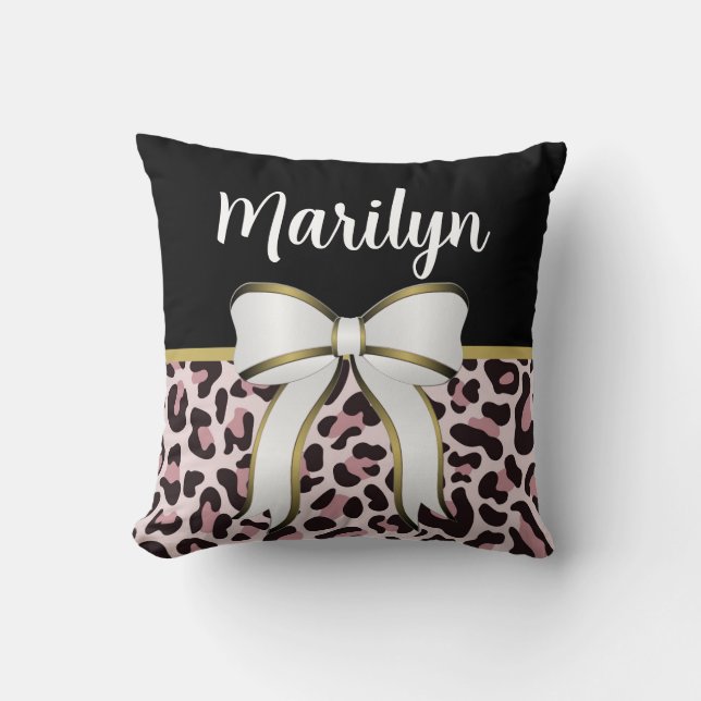 Girly Rosa Leopard Skriv ut Girly Bow Namn Ro Guld Kudde (Framsida)