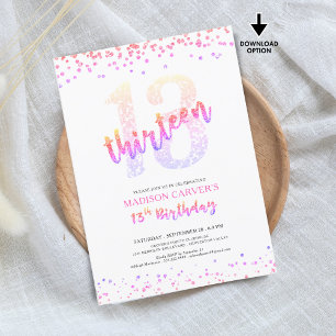 Girly Rosa Lila Glitter Confetti 13:e födelsedagen Inbjudningar