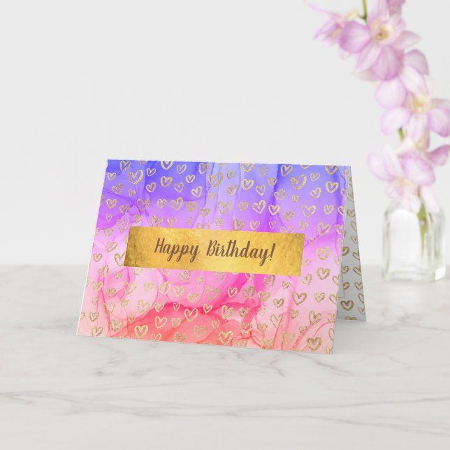 Girly Rosa Lila Guld Hearts Anpassningsbar Birthda Kort (Orkide)