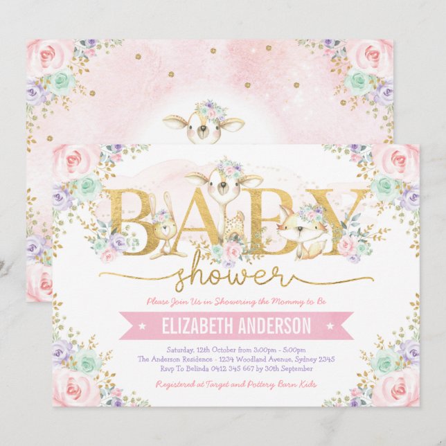 Girly Rosa Lila Mint Woodland Forest Baby Shower Inbjudningar (Fram/baksida)