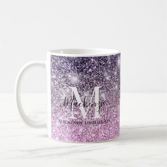Girly Rosa Lila Ombre Glitter Monogram Namn Kaffemugg (Vänster)