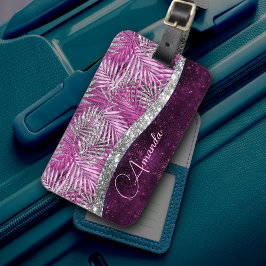 Girly rosa lila silver glitter löv monogram bagagebricka
