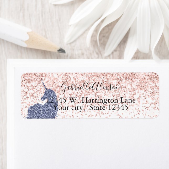 Girly Rosa Lila Unicorn Glitter Glitz Returadress Etikett (Insitu)