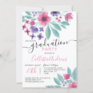 Girly Rosa Lila Watercolor Blommigt Studenten Inbjudningar