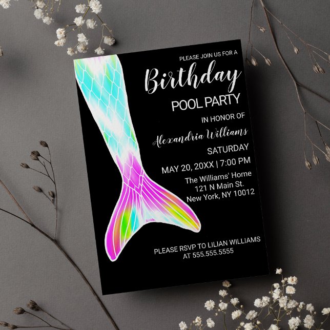 Girly Rosa Lime Green Sjöjungfru Svan Bassäng, föd Magnetisk Inbjudningskort (Girly Pink Lime Green Mermaid Tail Pool Birthday M Magnetic )
