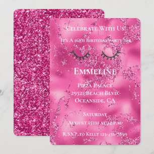Girly Rosa Marble Glitzy Black Glitter Eyelash Inbjudningar