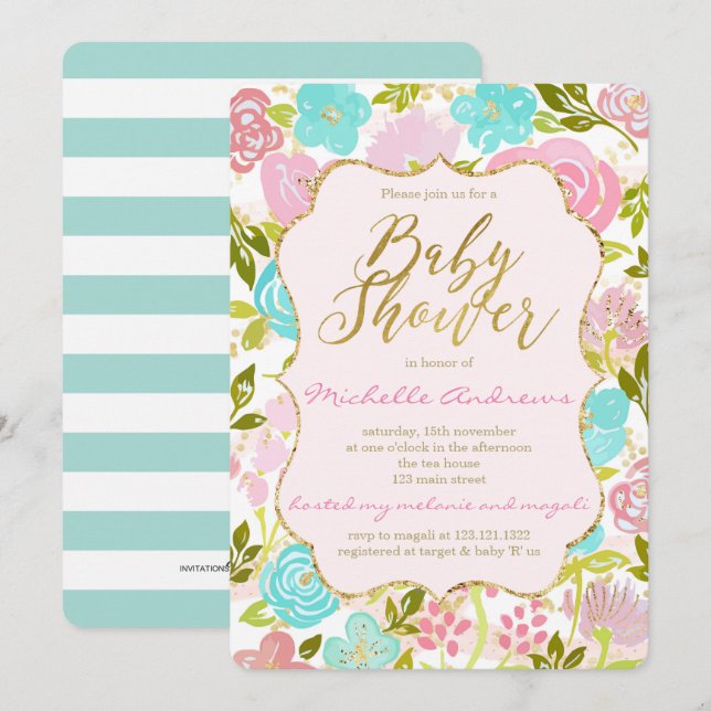 Girly Rosa Mint Guld Baby Shower Inbjudningar (Fram/baksida)