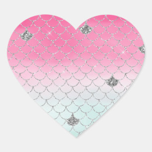 Girly Rosa Mint Silver Glitter Sjöjungfru Hjärtformat Klistermärke