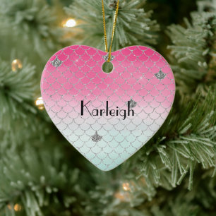 Girly Rosa Mint Silver Glitter Sjöjungfru Julgransprydnad Keramik
