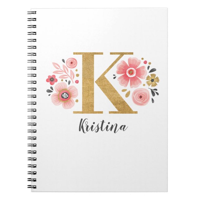 Girly Rosa Monogram Blommigt Brev K Anteckningsbok (Framsidan)