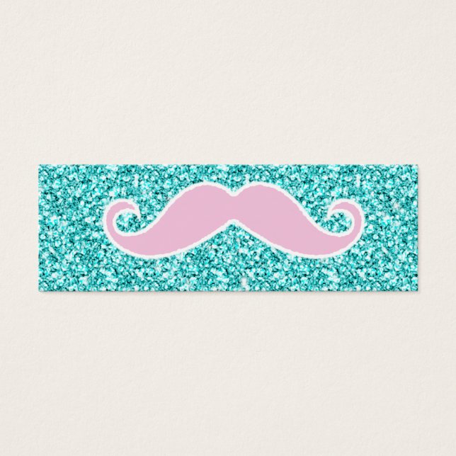 GIRLY ROSA MUSTACHE ON TEAL GLITTER EFFEKT LITET VISITKORT (Framsidan)
