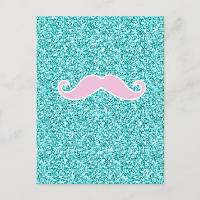 GIRLY ROSA MUSTACHE ON TEAL GLITTER EFFEKT VYKORT (Framsida)