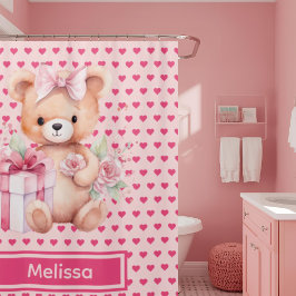 Girly Rosa Nalle Monogram Shower-gardiner