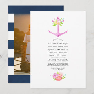Girly Rosa Nautical Blommigt Firande of Life Inbjudningar