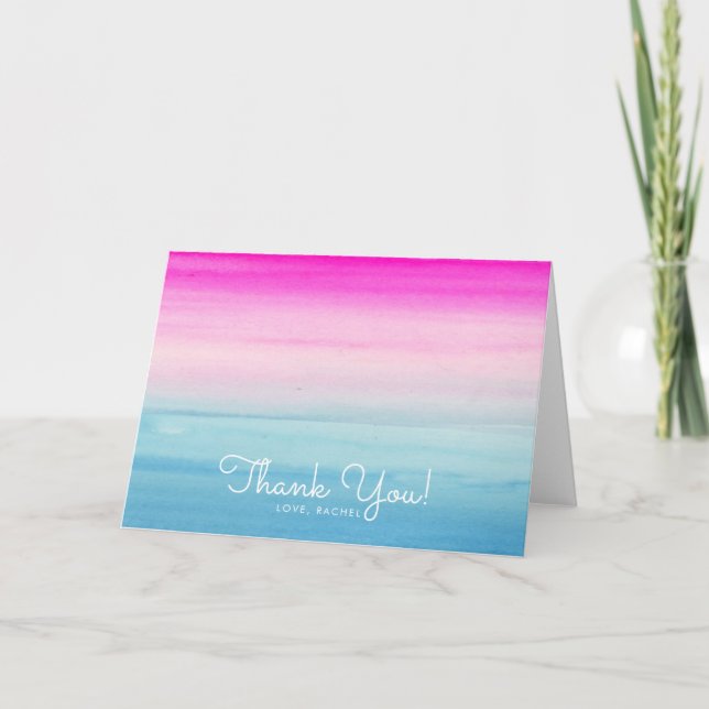 Girly Rosa och Blue Ombre Watercolor Tack Kort (Framsida)