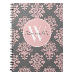 Girly Rosa och Grått Damask Monogram Anteckningsbok Med Spiral