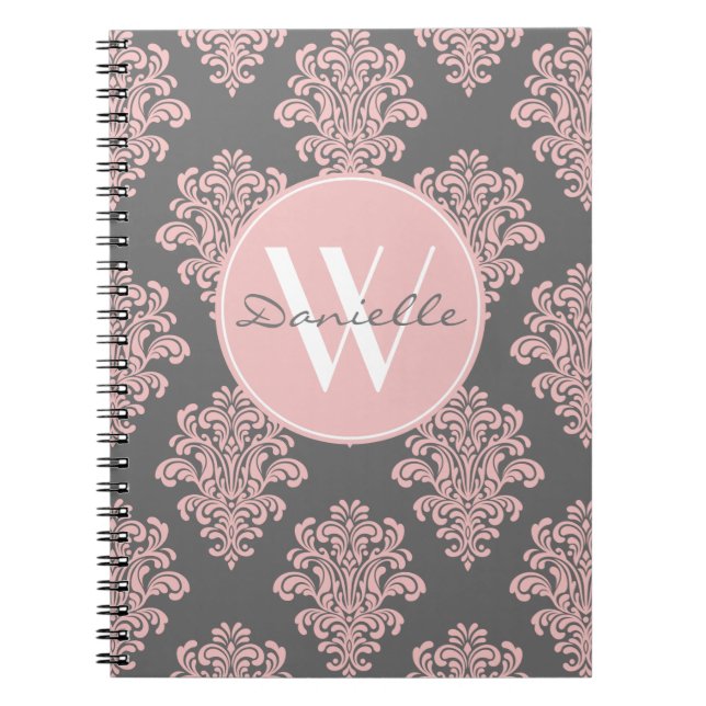 Girly Rosa och Grått Damask Monogram Anteckningsbok Med Spiral (Framsidan)