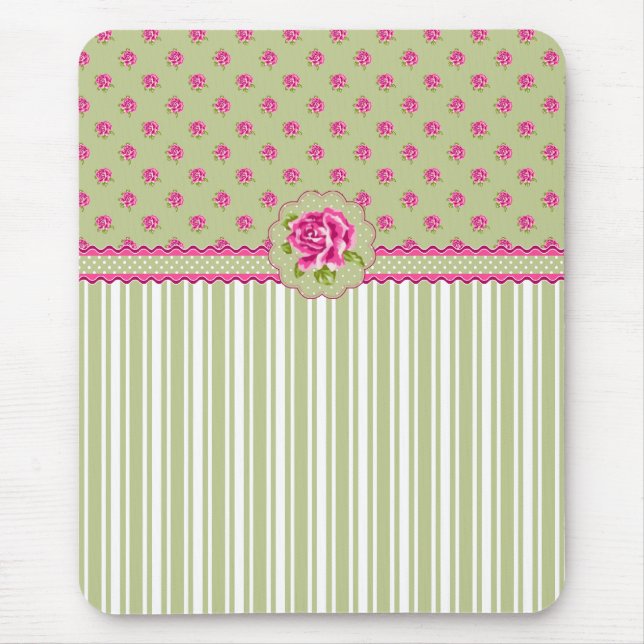 Girly Rosa och Grönt Blommigt Mousepad Musmatta (Framsidan)