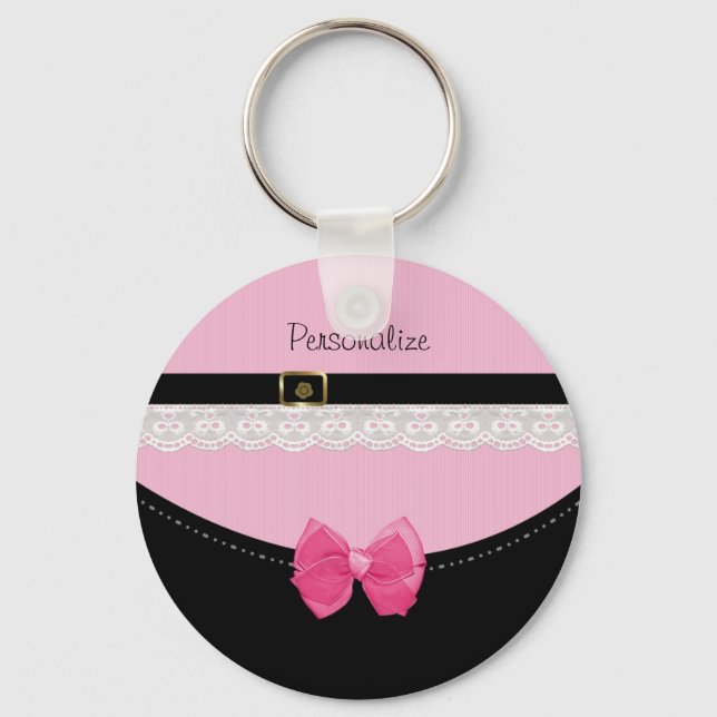 Girly Rosa och svart Baby-skor med ben och Namn Nyckelring (Framsida)