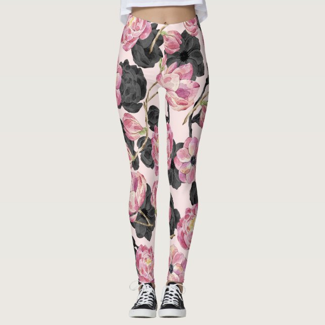 Girly  Rosa och svart Watercolor Flowers Leggings (Framsida)