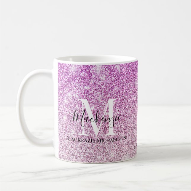 Girly Rosa Ombre Glitter Monogram Namn Kaffemugg (Vänster)