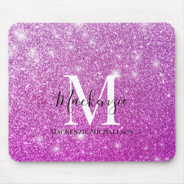 Girly Rosa Ombre Glitter Monogram Namn Musmatta (Framsidan)
