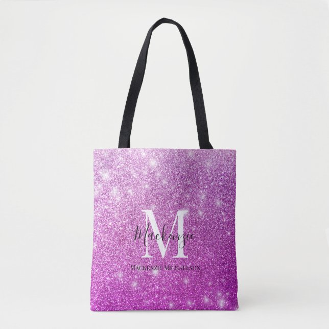 Girly Rosa Ombre Glitter Monogram Namn Tygkasse (Framsida)
