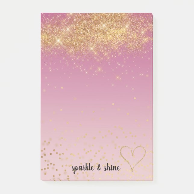 Girly Rosa Ombre Guld Gnistra Confetti Glitter Post-it Block (Framsida)