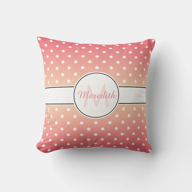 Girly Rosa Ombre Monogram Polka Dot Kudde (Framsida)