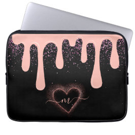 Girly Rosa Paint Drip Glitter Monogrammed Laptop Fodral