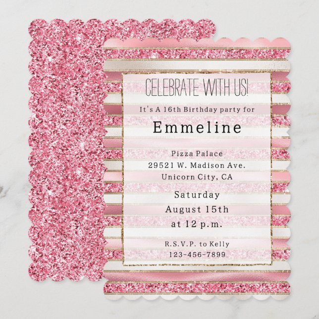 Girly Rosa Pearl Glitter Rand Inbjudningar (Fram/baksida)