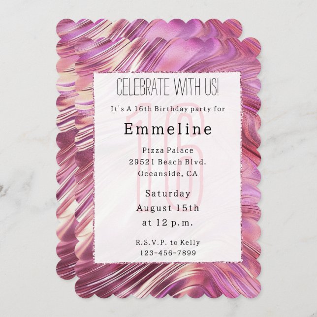 Girly Rosa Pearl Ro Guld Glam Sweet 16 Inbjudningar (Fram/baksida)