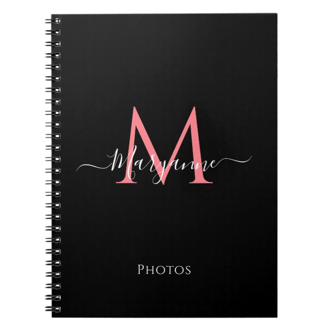 Girly Rosa Personlig Monogram Black Notebook Anteckningsbok (Framsidan)