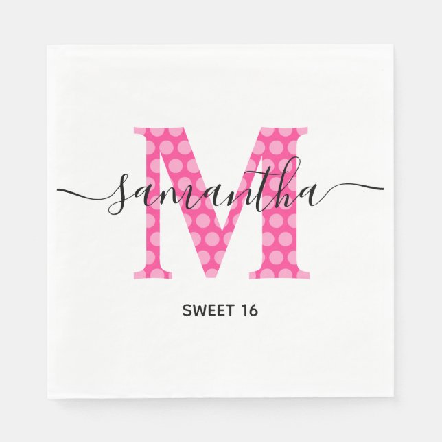Girly Rosa Polka Docken Monogram Sweet 16 Pappersservett (Framsidan)