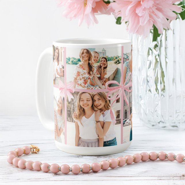 Girly Rosa Polka Dot Ribbon Photo Collage Keepsaké Kaffemugg (Girly Pink Polka Dot Ribbon Photo Collage Keepsake Coffee Mug)
